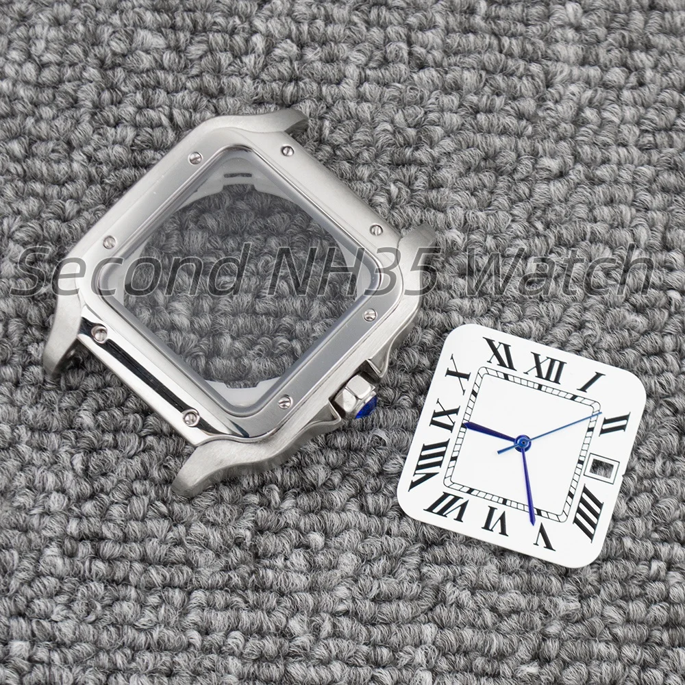 Stainless Steel NH35 Case Strap 27mm Square Dial Hands For Santos 38mm Watch Case NH35 NH36 Movement Waterproof Mod Accessories