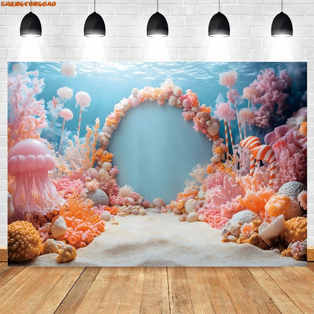 Underwater World Photography Backdrop Deep Sea Coral Shell Little Mermaid Girls Birthday Party Decor Kids Portrait Background