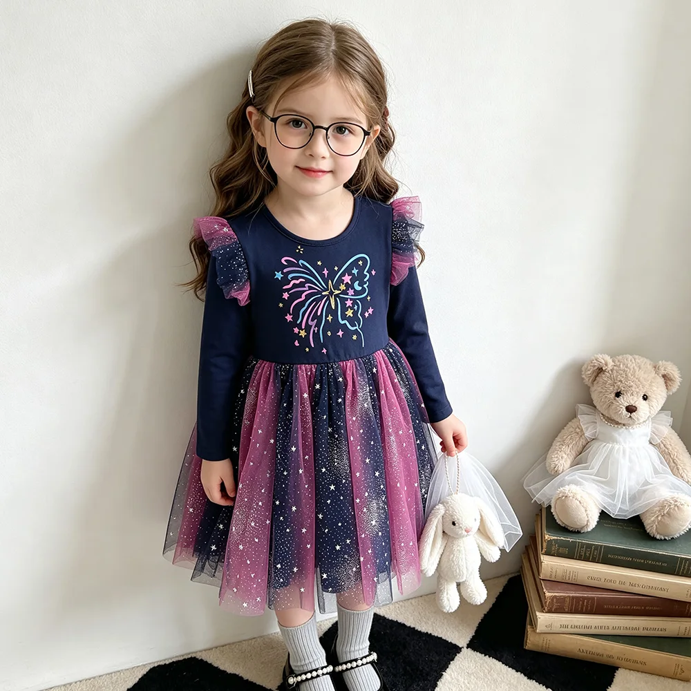 Mädchen Galaxy Stern Schmetterling Druck Langarm Tüll Prinzessinnen-Partykleid Kleinkinder Herbst Frühling Farbverlauf Ombre Marineblau Outfits – Detail 3