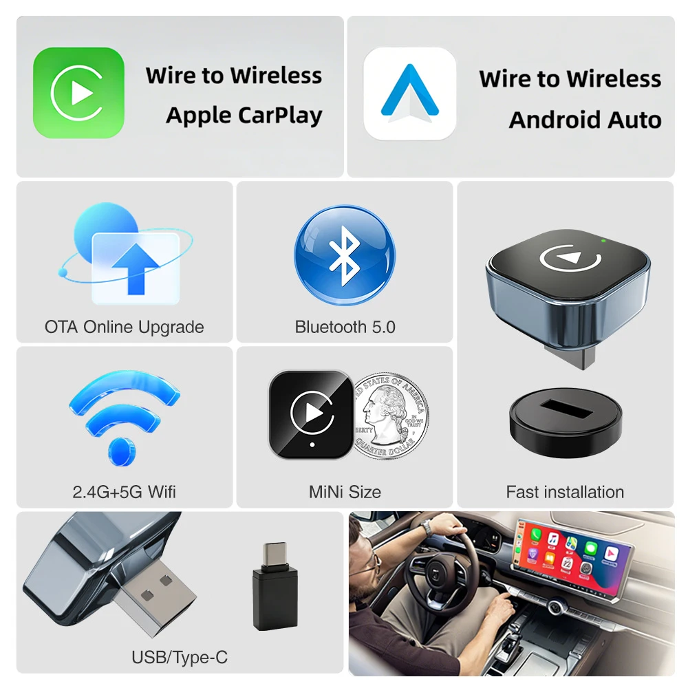 Wireless CarPlay Adapter & Android Auto 2in1 AI Box Fast Boot Plug & Play, Converts Wired to Wireless for Car Multimedia System