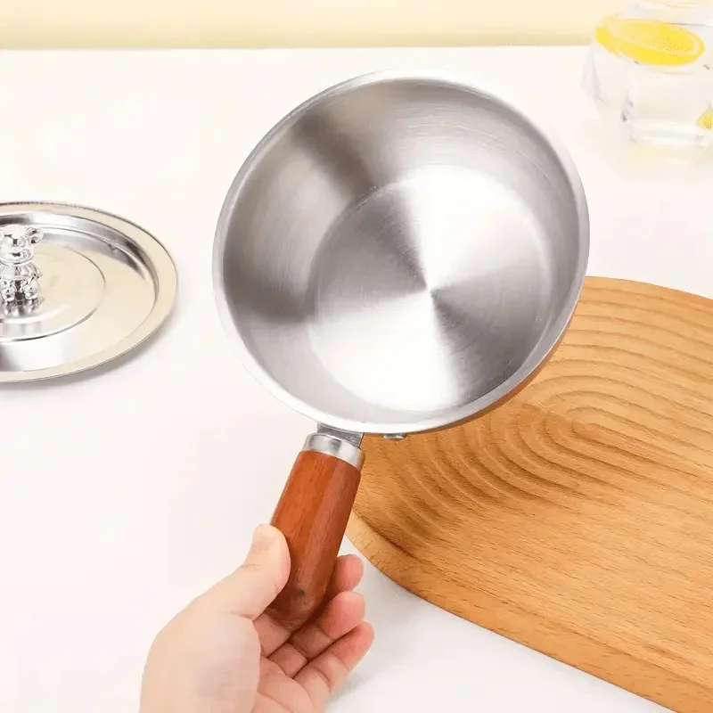 1pc Stainless Steel Milk Pot, Heat Resistant Wooden Handle Non-Slip Base Even Heating Induction Cookware Saucepan