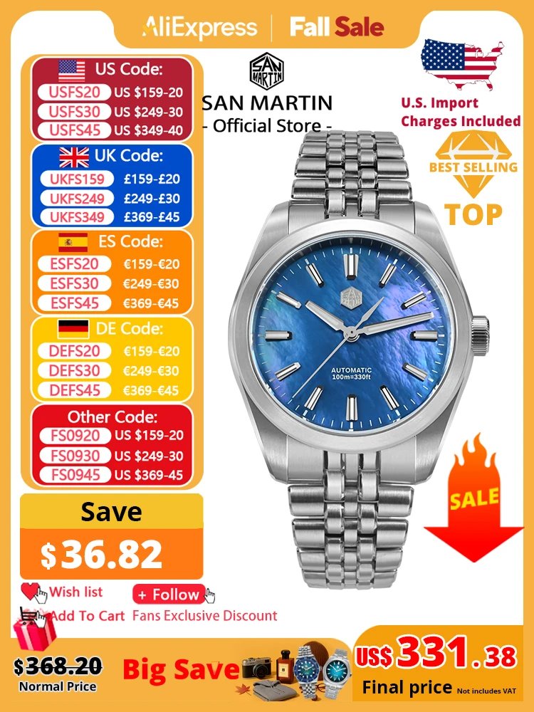 

San Martin 39mm MOP Dial Sport Gada Watch Luxury Dress Men Miyota 90S5 Automatic Mechanical Wristwatch Waterproof 100m SN0144