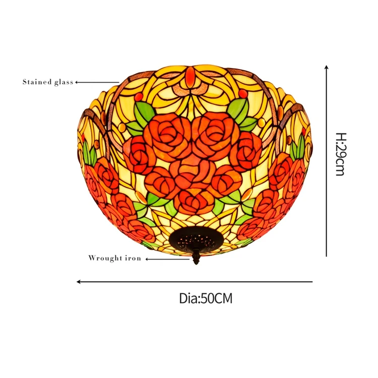 20 Inch Retro Red Rose Lighting Tiffany Stained Glass Shade Decorative Ceiling Lamp for Home Hotel Bedroom Hall Ceiling Lamp