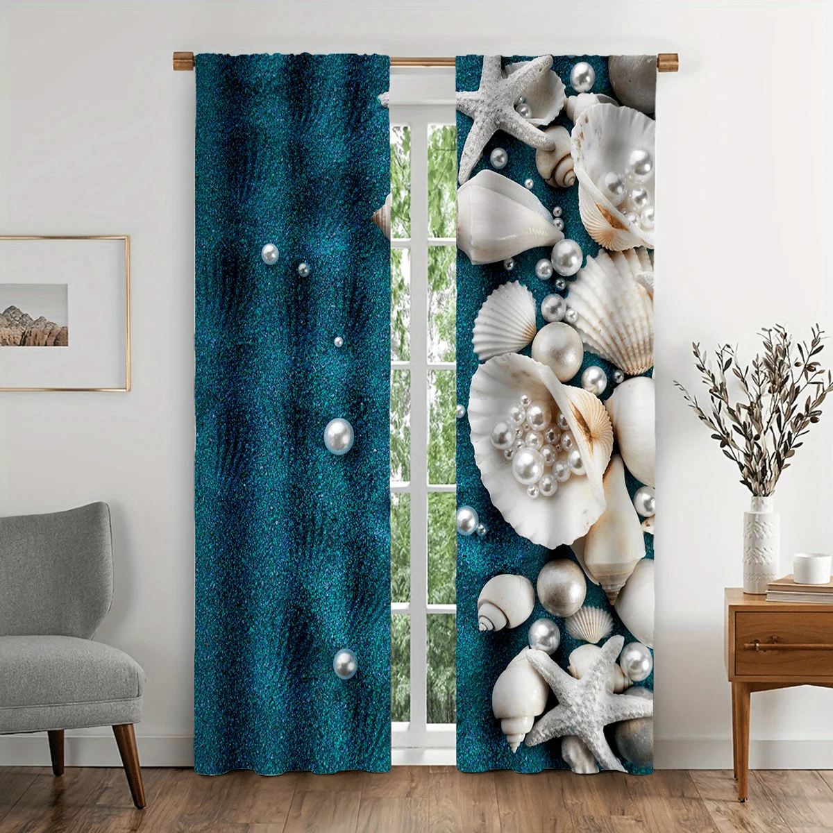 Ocean Shell Curtains, Starfish & Pearl Print Window Drapes, Blue Sea Theme Bathroom Decor, Waterproof Fabric for Coastal Home