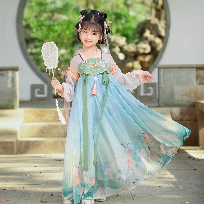 

Children Hanfu Girl Brocade Scale Chest Dress Fairy Chinese Style Koi Embroidery 2022 Autumn New Ancient Performance Clothing