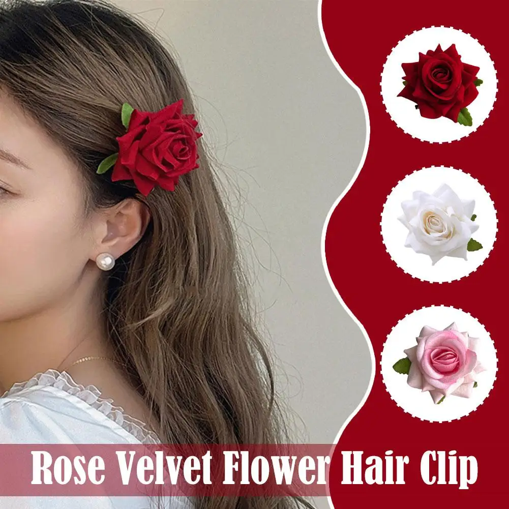 Retro Red Pink Rose Flower Bangs Clip Hairpin Classy Duckbill Hair Clips Forehead Hair Clip Elegant Side Fashionable Access U5U3