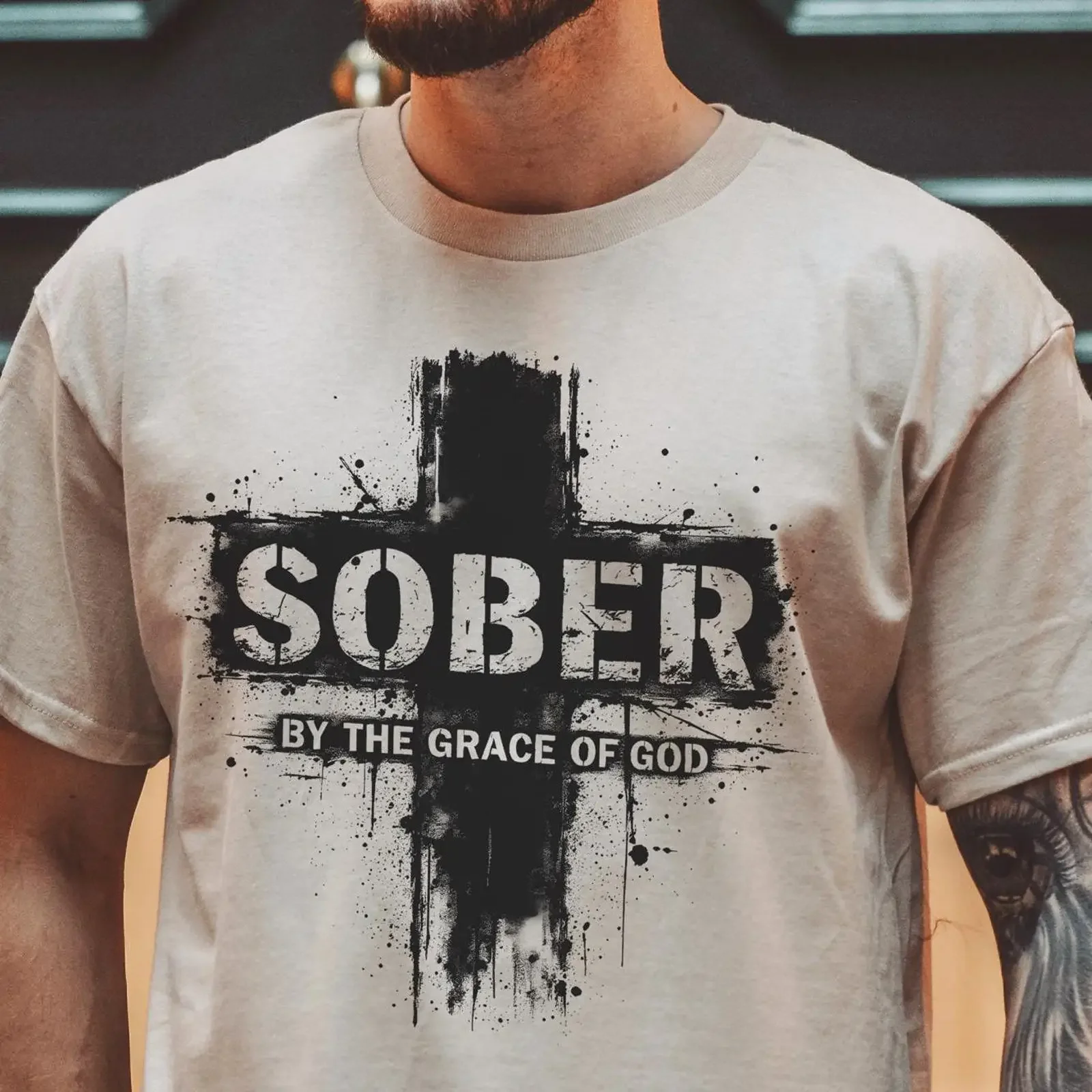 Sober By The Grace Of God Christian T Shirt Vintage Cross Sobriety Recovery Religious Anniversary For Jesus Lover Dad vintage
