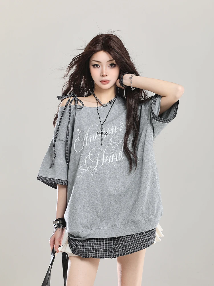 

Retro American Embroidered Asymmetrical Shoulder Short Sleeve T-Shirt Women Summer Loose Fake Two-Piece Design Sensation Shou...