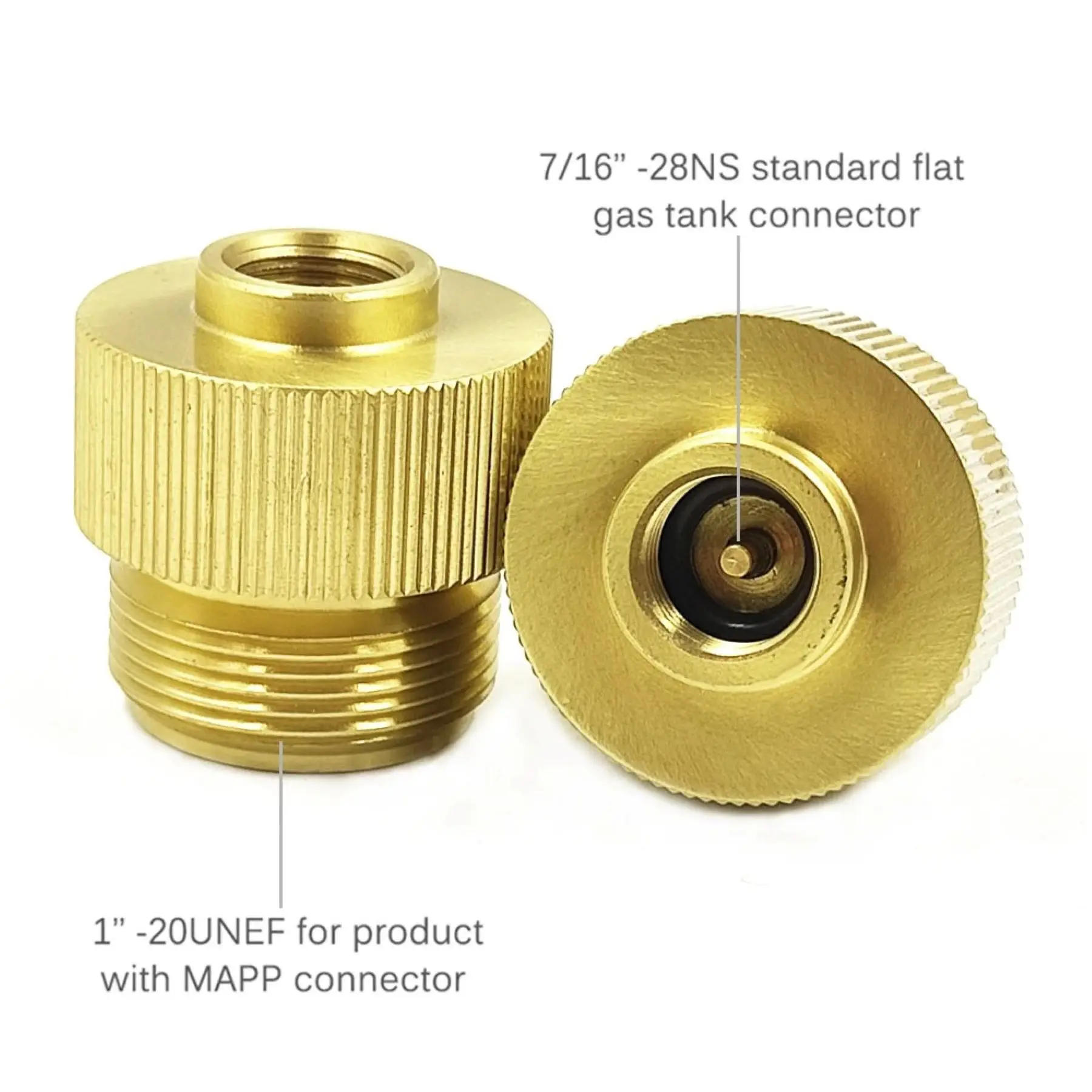 Adaptador de Gas Mapp de 2 piezas, tanque de Gas plano estándar de 1 "a 7/16"-28NS, funciona con parrillas de barbacoa, estufas de Camping, quemadores de Gas, calentador.