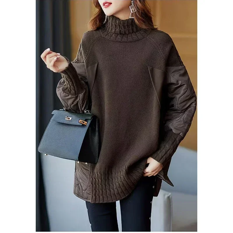 Fashion Turtleneck Spliced Button Solid Color Sweaters Women\'s Clothing Loose Casual Pullovers Commuter Warm Tops ERFRE