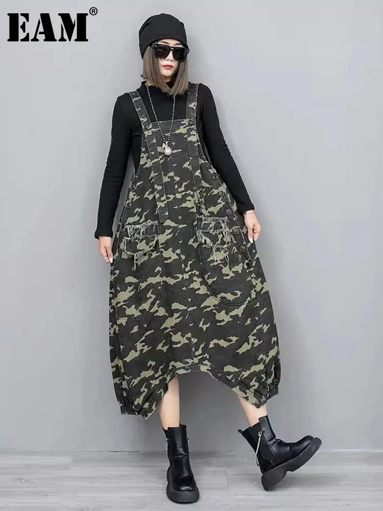 

[EAM] High Waist Green Camouflage Long Casual Denim Overalls Pants New Trousers Women Fashion Tide Spring Autumn 2024 1DH5271