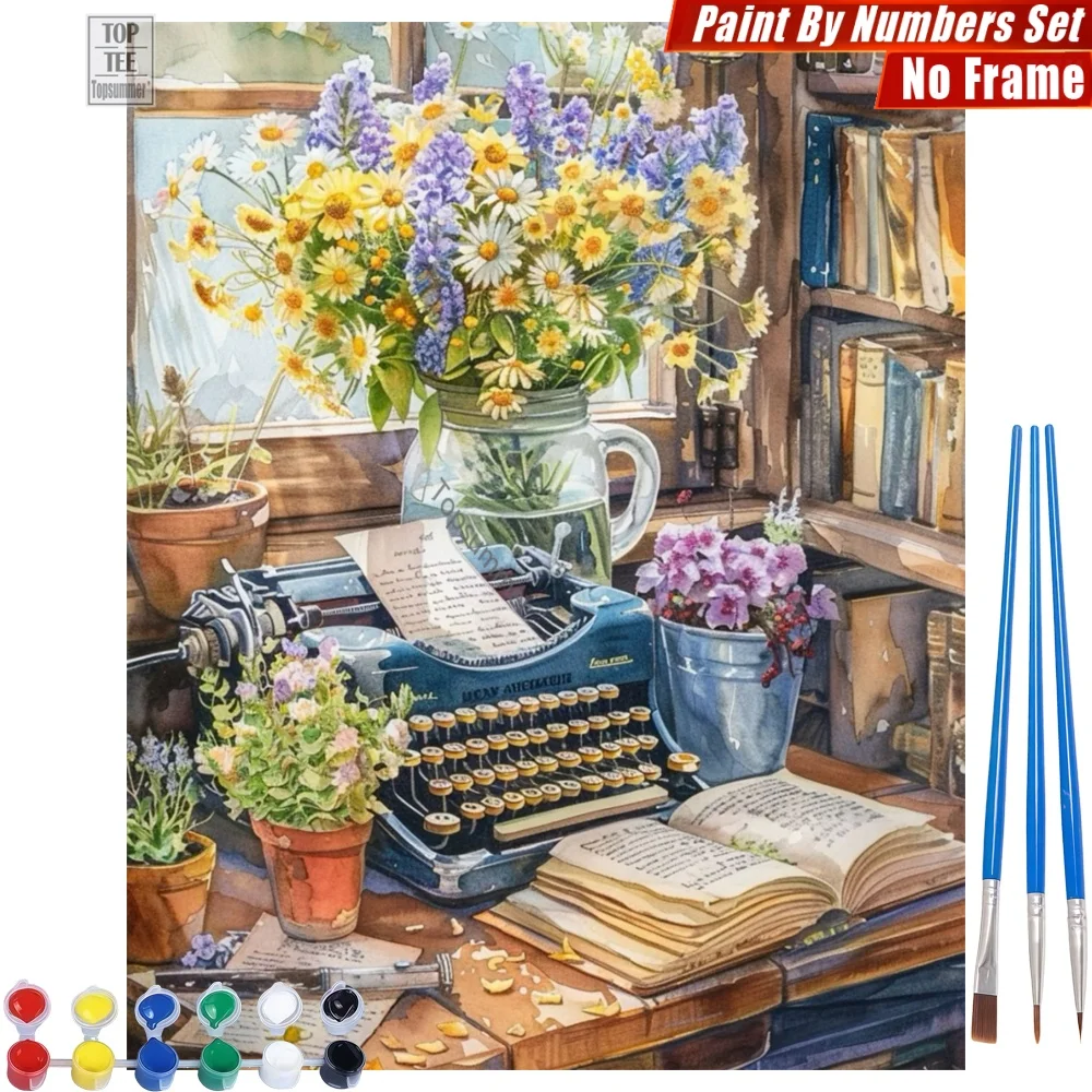 

Vintage typewriter books Paints By Numbers Set - Fresh flowers retro Abstract Wall Art Halloween Gift For Friend