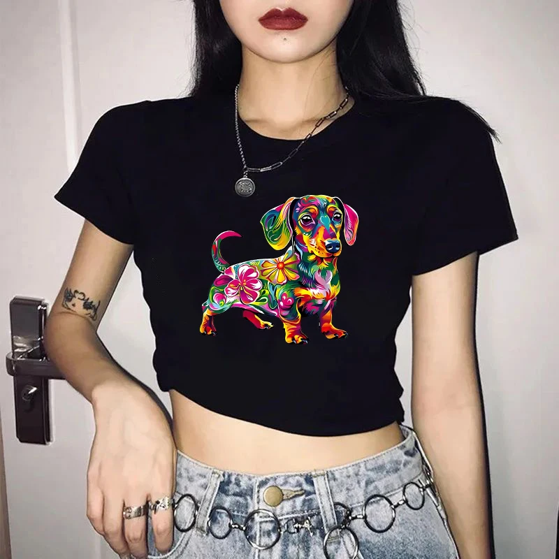 

Y2K модная винтажная футболка с коротким рукавом, креативная красочная футболка с принтом собаки, Harajuku, эстетика, уличная одежда, женский укороченный топ