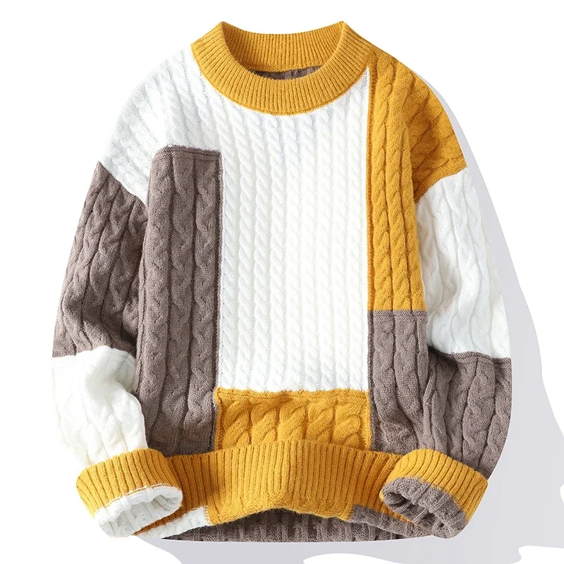 

Color Block Sweater for Man Chunky Twist Long Sleeve Pullover Crew Neck Casual Sweater Plus Size Winter Warm Knitwear