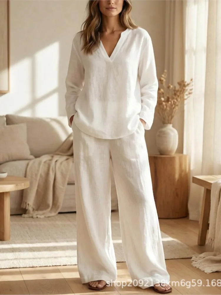 

New Long-sleeved V-neck Loose Wide-leg Pants 2-piece Set 2026 Spring And Autumn New Women's Fashion Pocket Casual Vacation Set