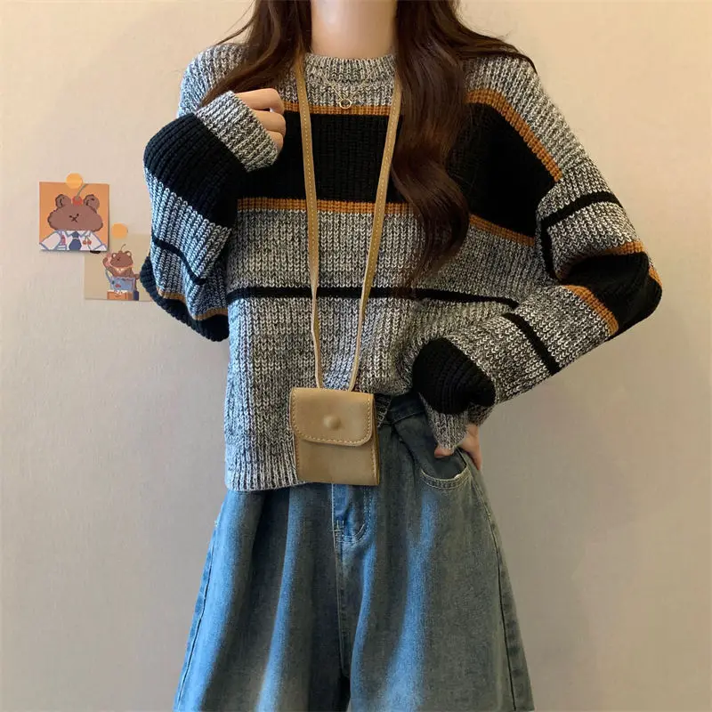 Vintage O-neck Contrast Striped Pullovers Autumn Winter New Long Sleeve Loose Youth Lazy Sweaters Fashion Casual Women Clothing