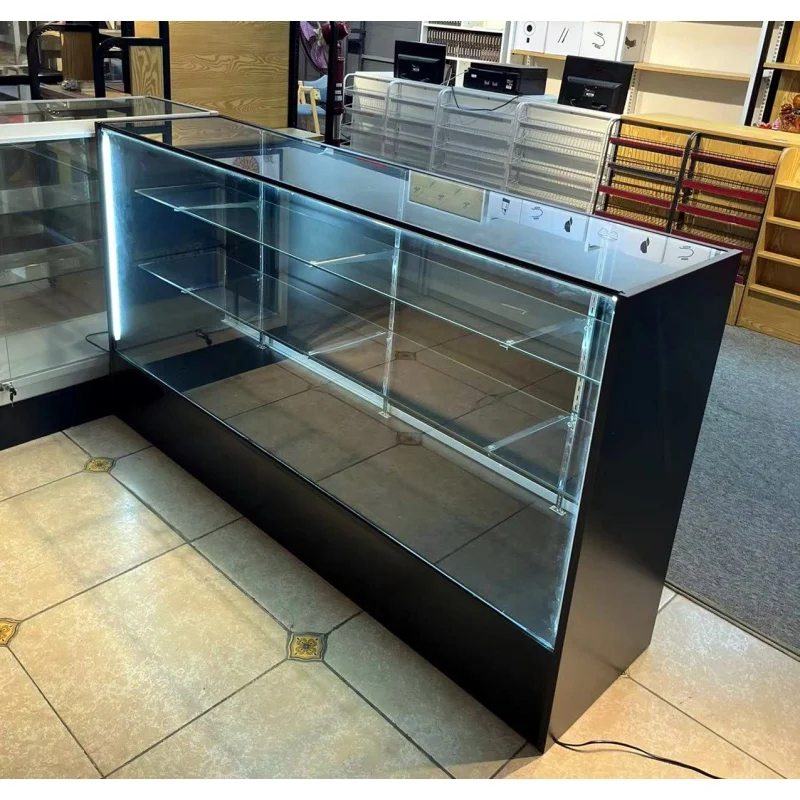 Custom, wooden tempered glass retail shop display shop display furniture LED light sliding smoke shop showcase counter