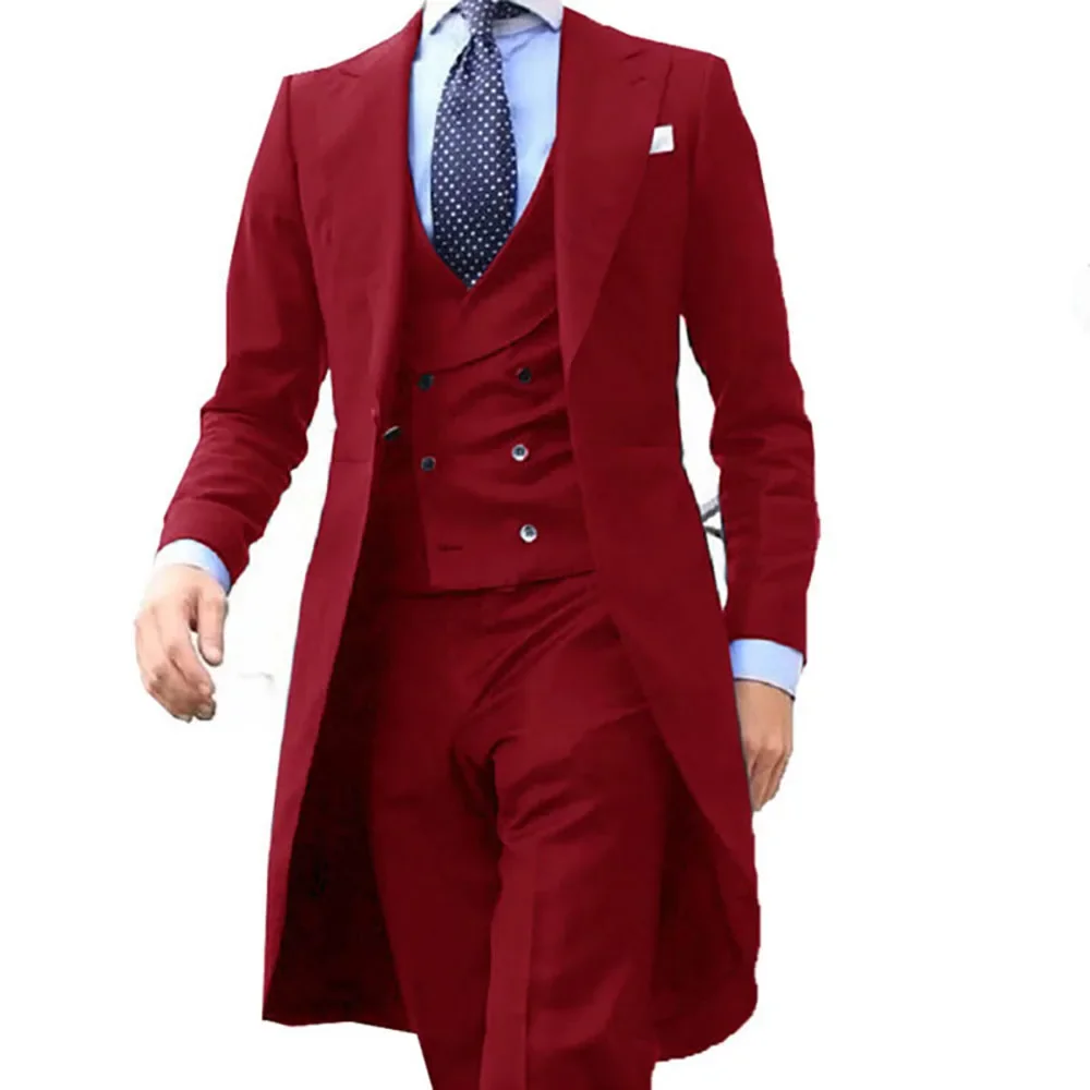 Casaco longo com designs formais, ternos masculinos suaves, conjunto de smoking de casamento, blazer de baile, moda personalizada, 3 peças (jaqueta + colete + calça)