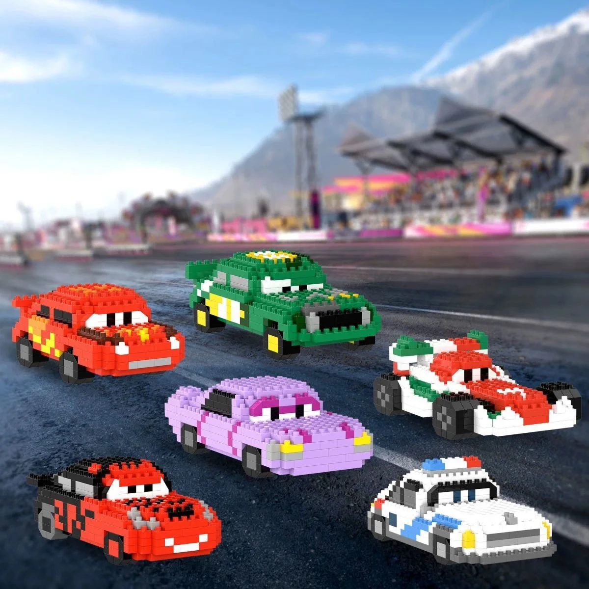 New building block Cars Lightning McQueen sally doc hudson mater romone micro block assembly model for desk DIY decoration gifts