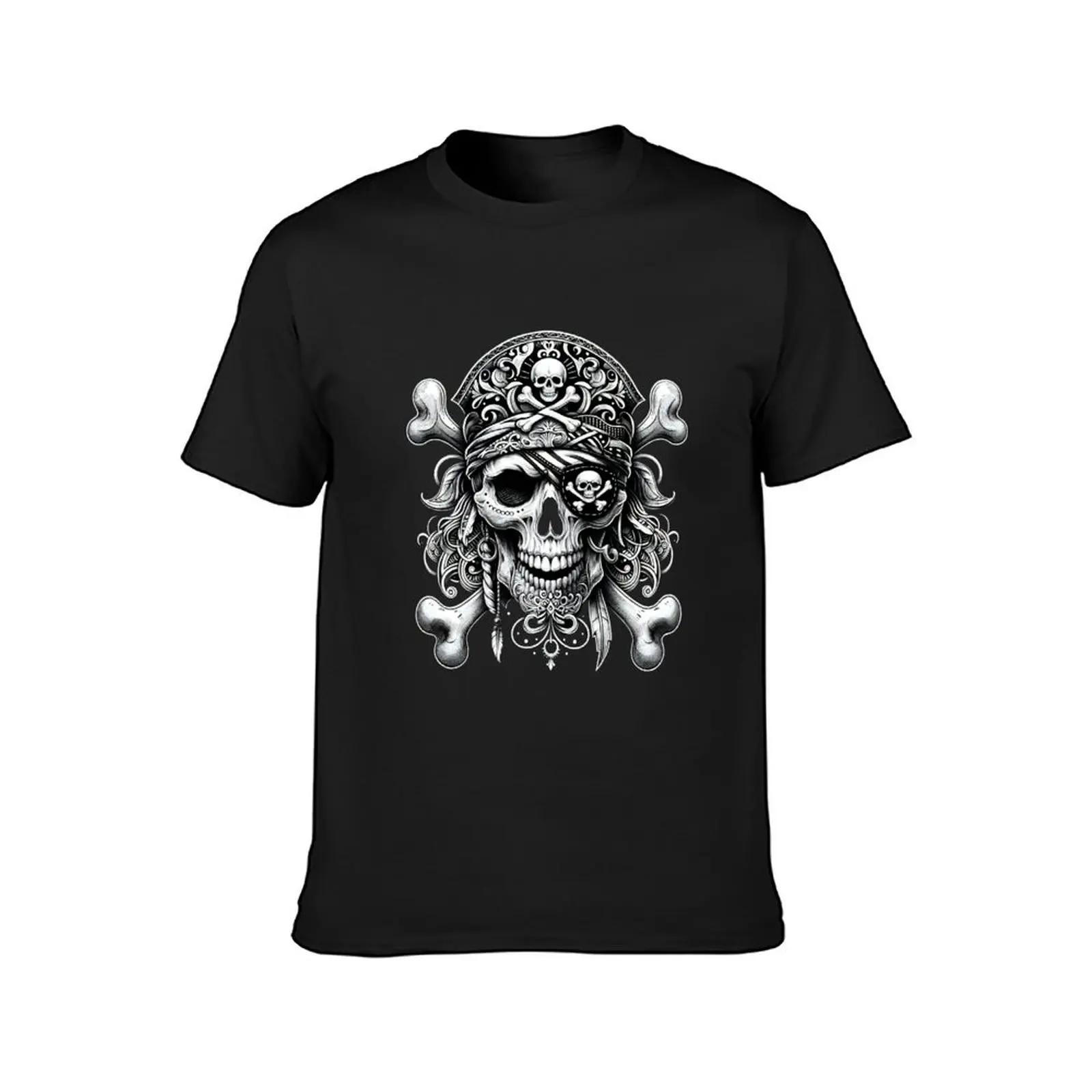 Intricate design surrounds grey square; skull, feathers prominent. T-Shirt shirts graphic tees summer tops Men's t-shirts