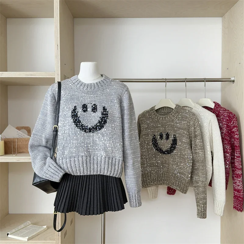 

Autumn Winter Knit Vintage Loose Pullover for Women O-Neck Smile Sequins Design Sweaters Tops Female Warm Chic Clothing 2024 New