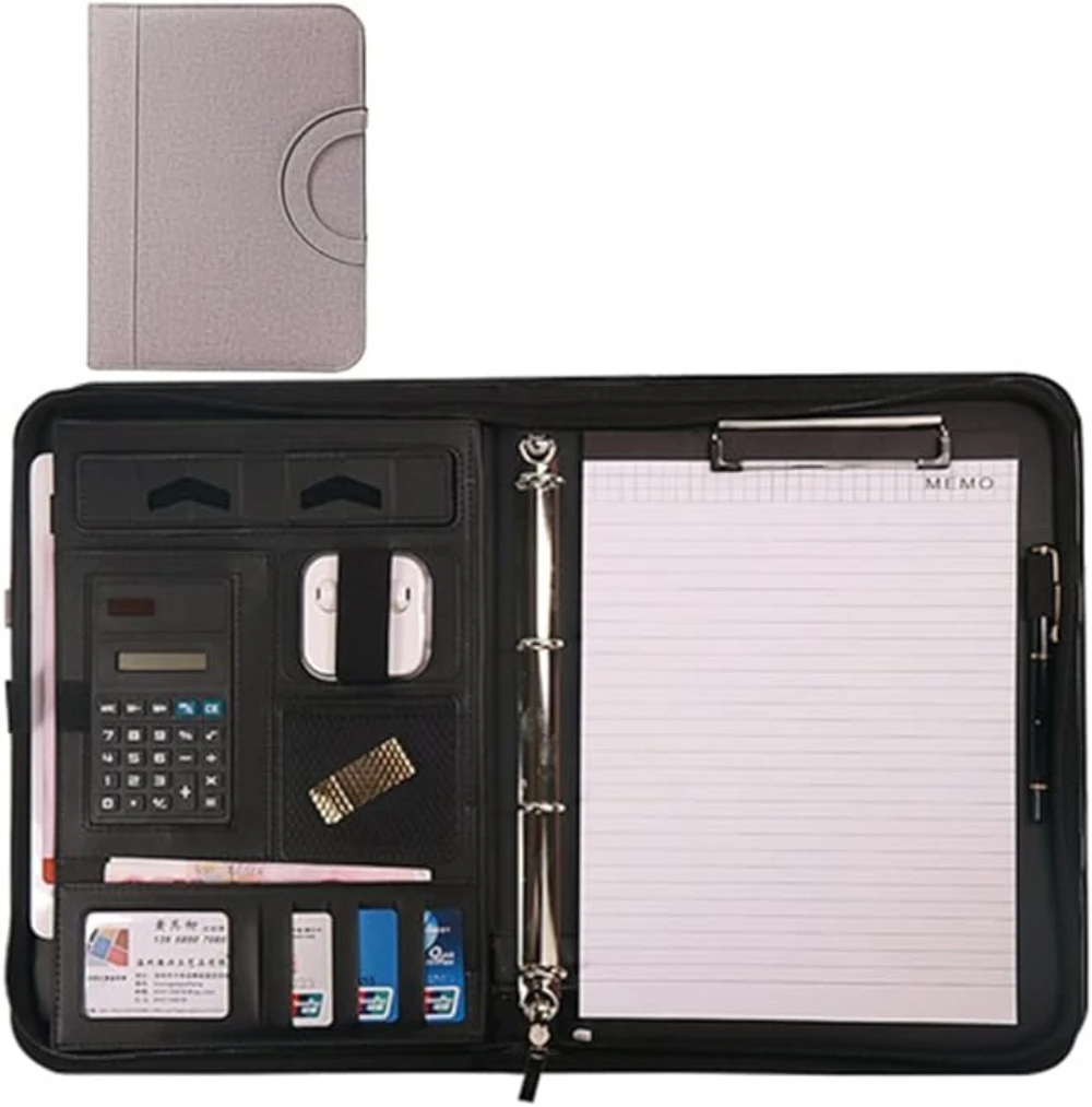 

A4 leather briefcase folder, zippered four ring binder, professional business document organizer, magnetic handle