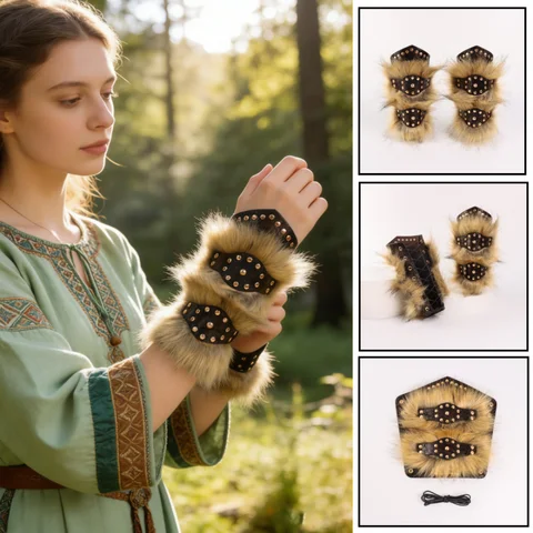 Faux Leather Wrist Guards Medieval Steampunk Arm Bracers with Fur Armor for Halloween Cosplay Costume Props Accessory