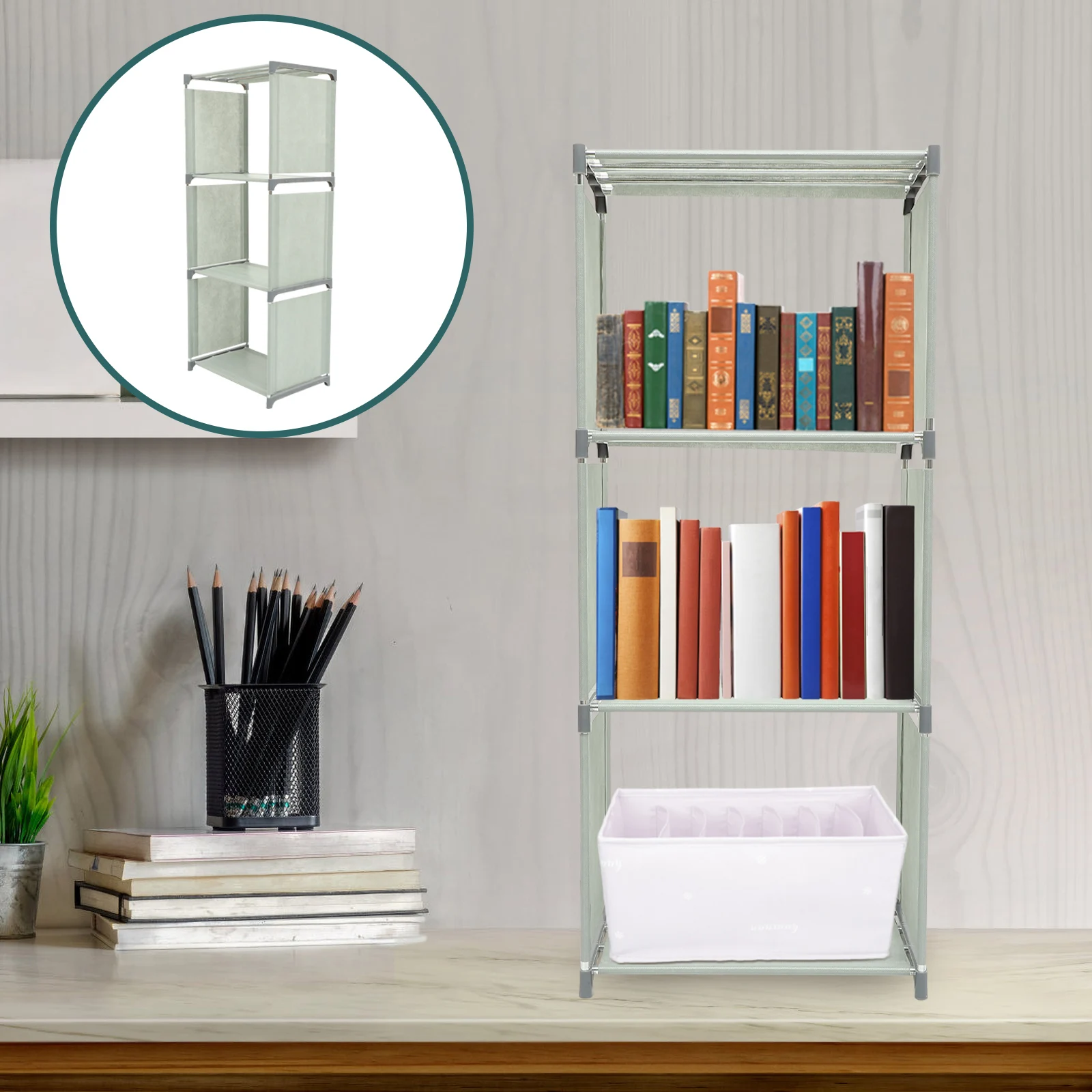 

4-Tier Steel Tube Bookshelf Non-Woven Fabric Book Storage Rack Household Shelf For Home Office Bedroom Kitchen