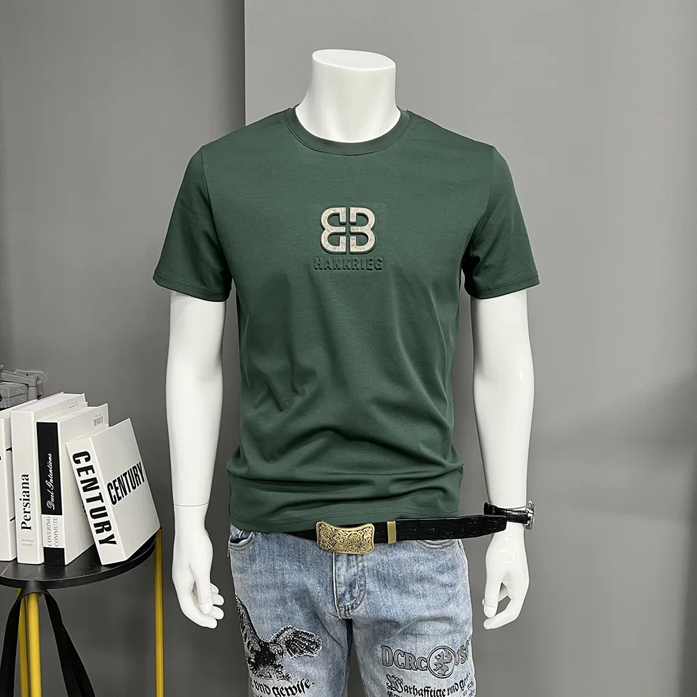 Men\'s T-shirt Short Sleeved Summer New Round Neck 3D Letter Minimalist Top Mercerized Cotton Slim Male Tees Daily Causal Clothes