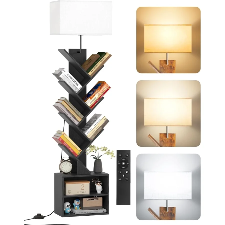 Libreria ad albero a 9 livelli con luce integrata, funzione timer telecomando e armadio portaoggetti nascosto, pavimento alto moderno dimmerabile
