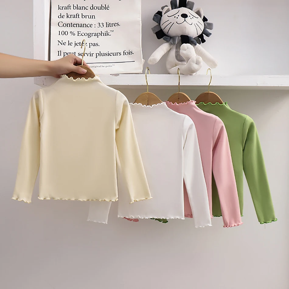 Girls Long Sleeve T-Shirt with Ruffle Edges Soft and Warm Fashion Solid Color Tops Cute Spring Autumn Casual Shirt for Kids