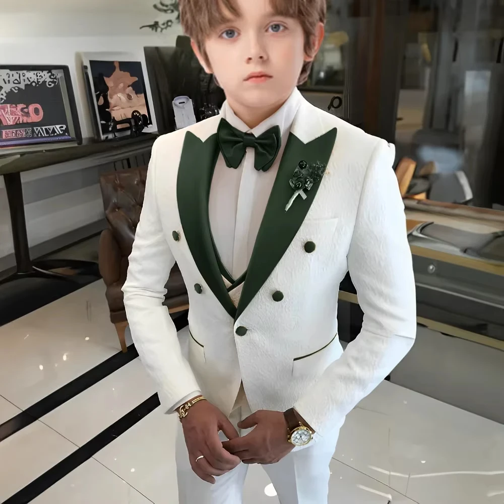 White Jacquard Wedding Tuxedo for Boys 3 Pieces Jacquard Suits Double Breasted Kids Tuxedo 2026 Fashion Design Jacket Pant Vest