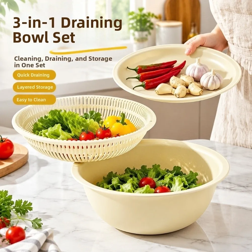 3Pcs/Set 3in1 Vegetable Washing Basin Large Capacity Stackable Fruit Drain Basket Multi-functional Quickly Drain