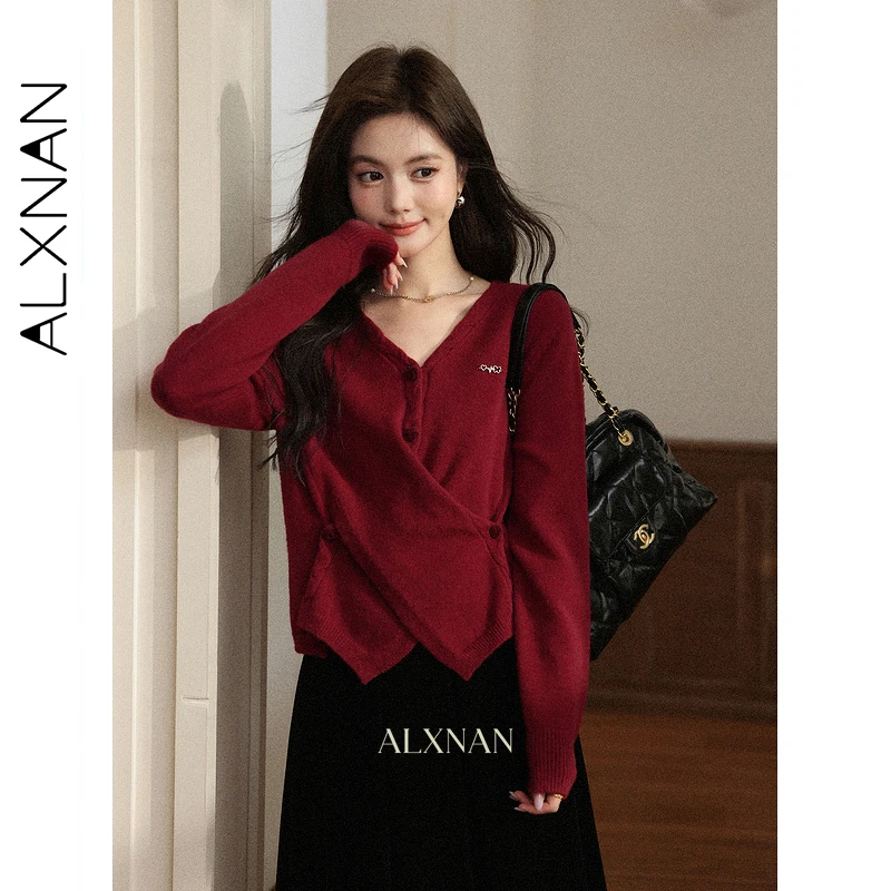 

ALXNAN красный свитер, модные свитера с длинными рукавами и v-образным вырезом, осень 2022, облегающий повседневный офисный женский вязаный топ, женский L57665