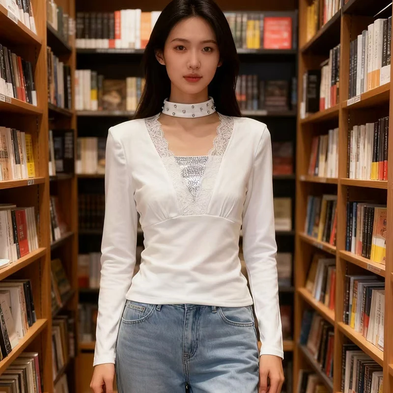 

2026,European,Clothes,T-Shirt,Chic,Sexy,V-neck scarf,Patchwork,Lace,Hollow out,Shiny,Diamonds,Women,Tops,Long Sleeve,Tees,511027