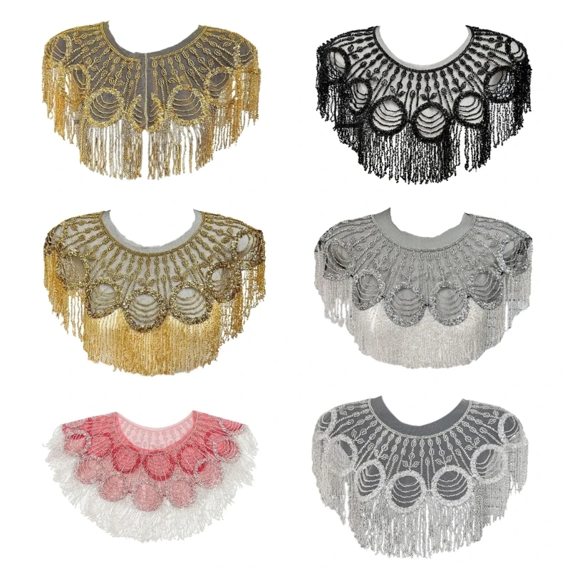 Women Vintage Sparkling Beaded Tassels Shawl Dinner Capes Mesh Embroidery Sequined Fringes Ponchos Boleros