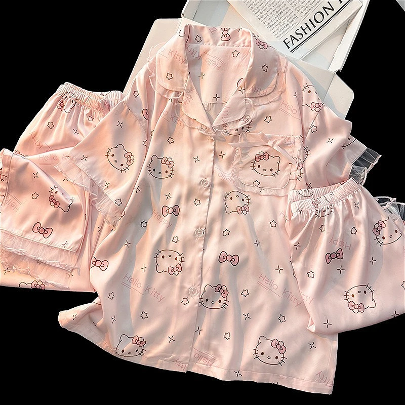 

3pcs/set Hello Kitty Girls Silky Pajama Sets Kawaii Ice Silk Lace Up Women Nightwear Short Sleeves Sweet Girls Summer Sleepwear