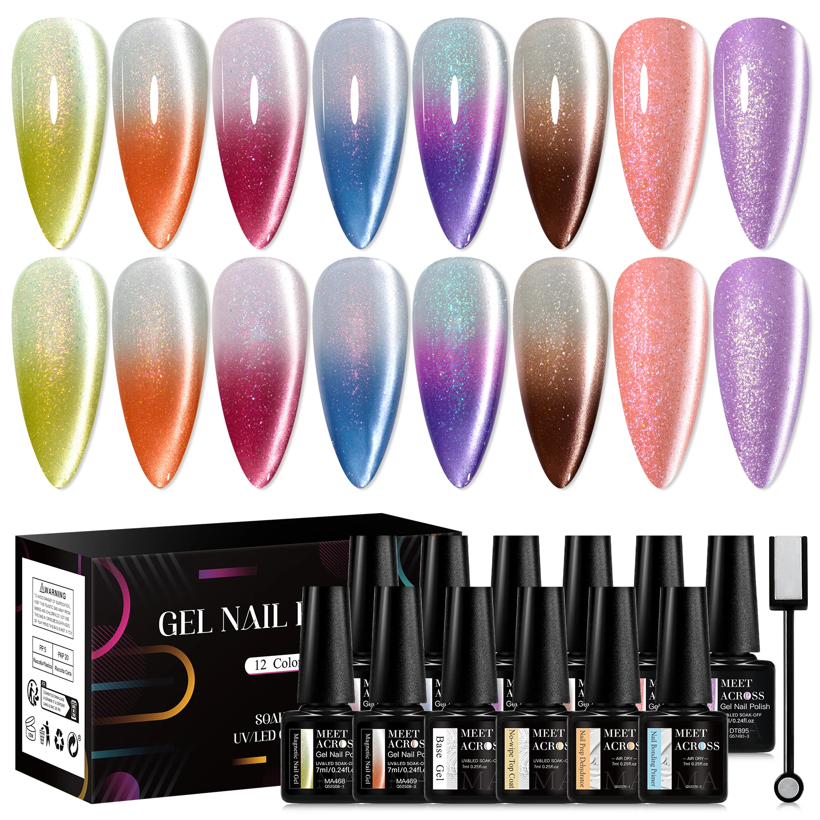 MEET ACROSS ジェルネイルポリッシュ 12 個、磁気スティック 1 個、サーマルグリッターキャットマグネット、ベーストップコート & ネイルプライマー乾燥機付き