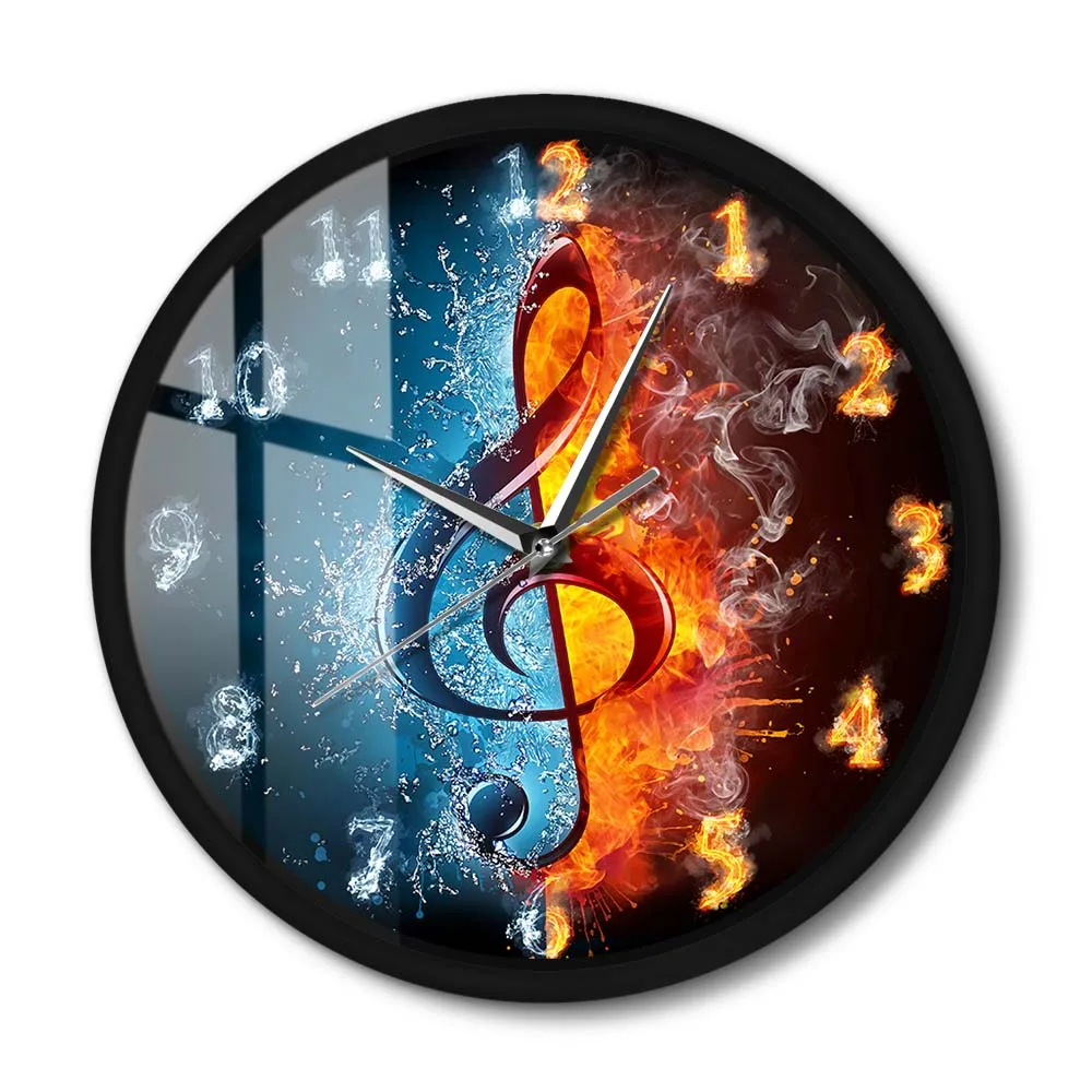 

Treble Clef Yin Yang Symbol Modern Metal Frame Wall Clock Silent Wall Watch Music Note In Fire And Water Music Studio Décor