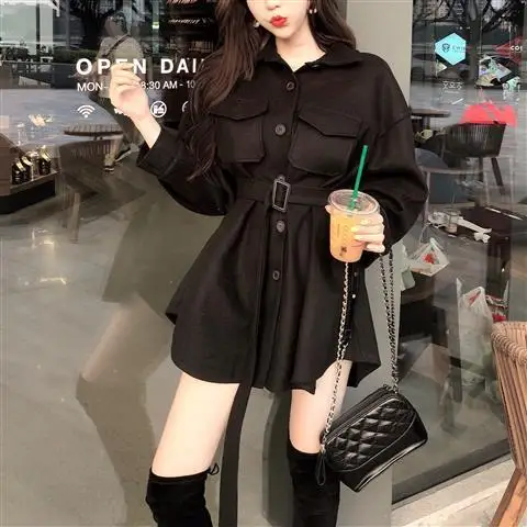 한국 스타일 헵번 울 코트 여성 학생 중간 길이 벨트 트렌치 겨울 슬림 핏 패션 오버코트