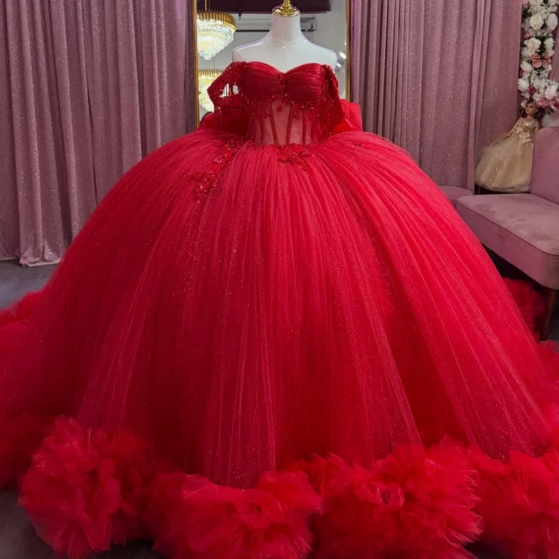 

Red Shiny Ball Gown Quinceanera Dresses 2026 Applique Lace Beading Crystal Corset Tiered Tull Off Shoulder Sweet 16 Dress