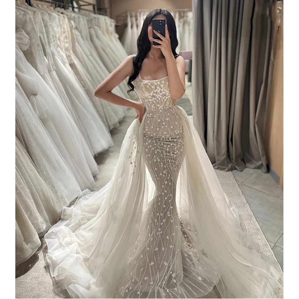 Customized Square Collar Spaghetti Straps Appliques Wedding Dress 2024 Mermaid Floor Length Detachable Sweep Train Bridal Gown