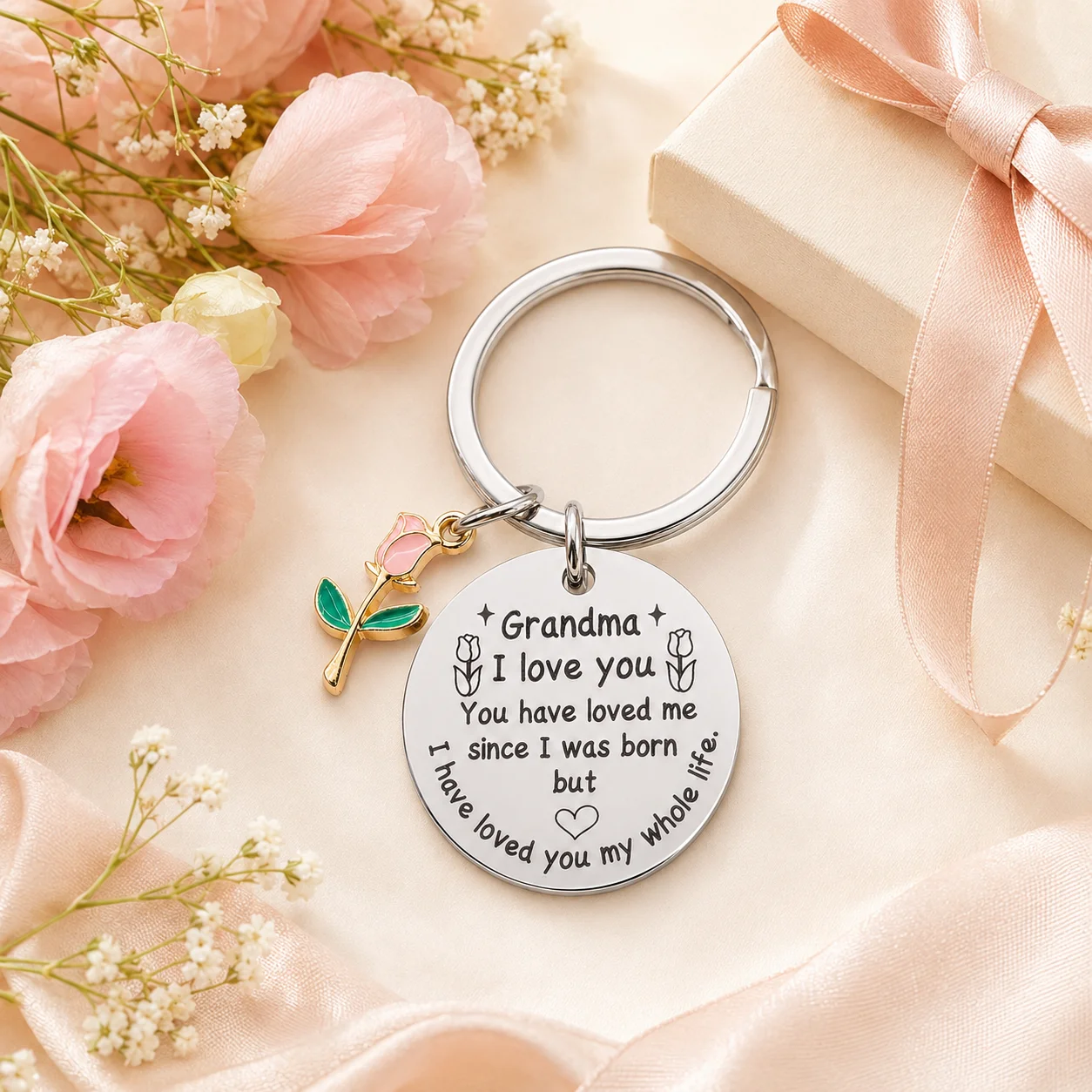 Grandma Love Round Keychain Tulip Charm Bag Pendant Birthday Mother's Day Xmas Thanksgiving Holiday Gift for Grandmother