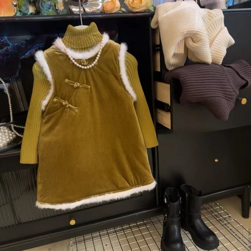 

New Girls' Autumn Winter Dress Children's National Style New Year Outfit Thickened Furry Cross-Button Versatile Tank Dress Child