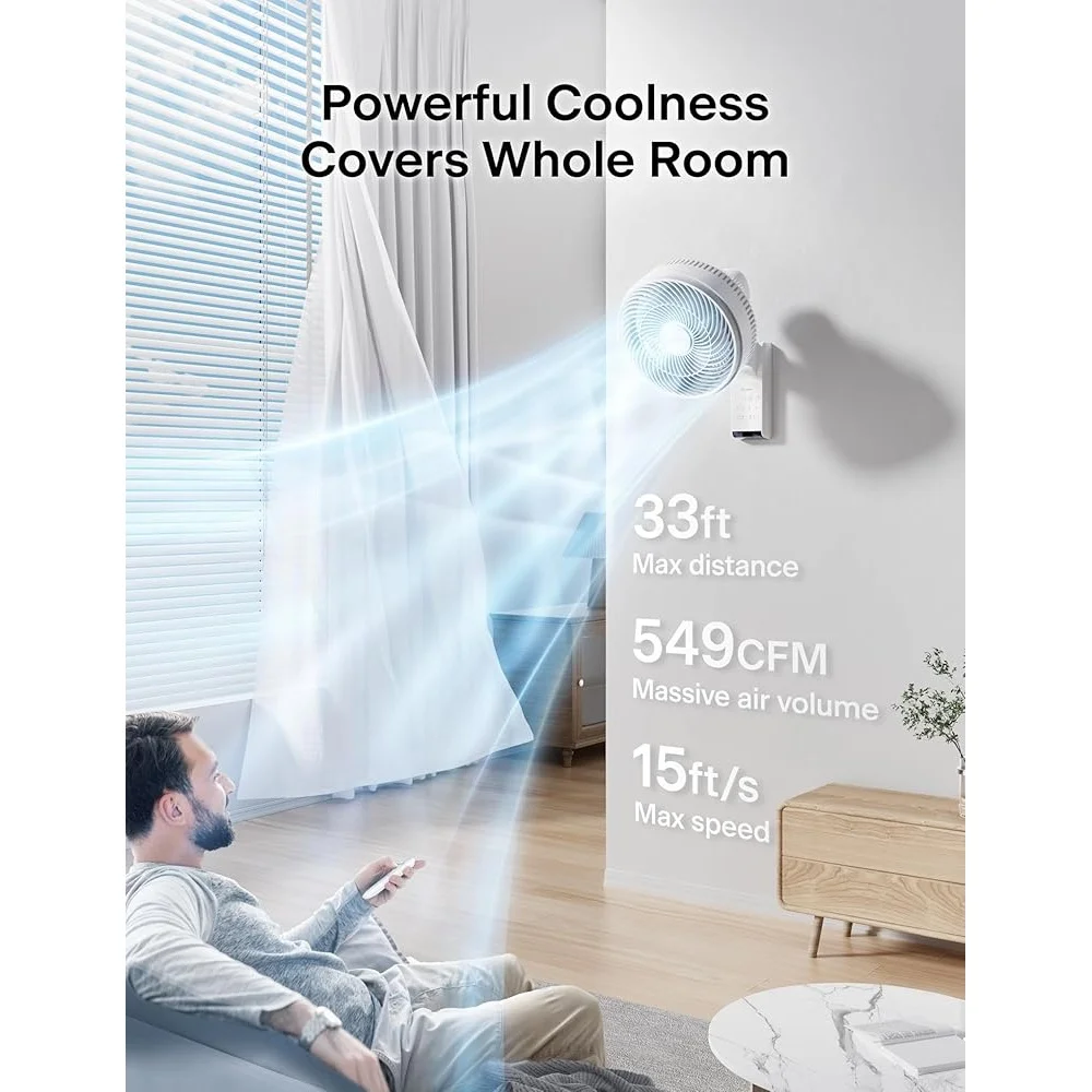 9 Inch Wall Mount Fan with Remote Control Oscillating Fan Powerful Airflow 26ft 3 Speed Modes Auto 90° Horizontal 60° Vertical