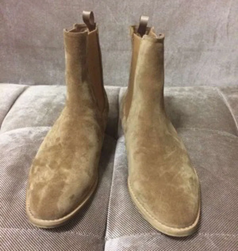 

Genuine Leather Suede Ankle Shoes Stretch Patchwork Men Ankle Boots Pointed Toe Flat Square Heel Chelsea Boots Zapatos Hombres