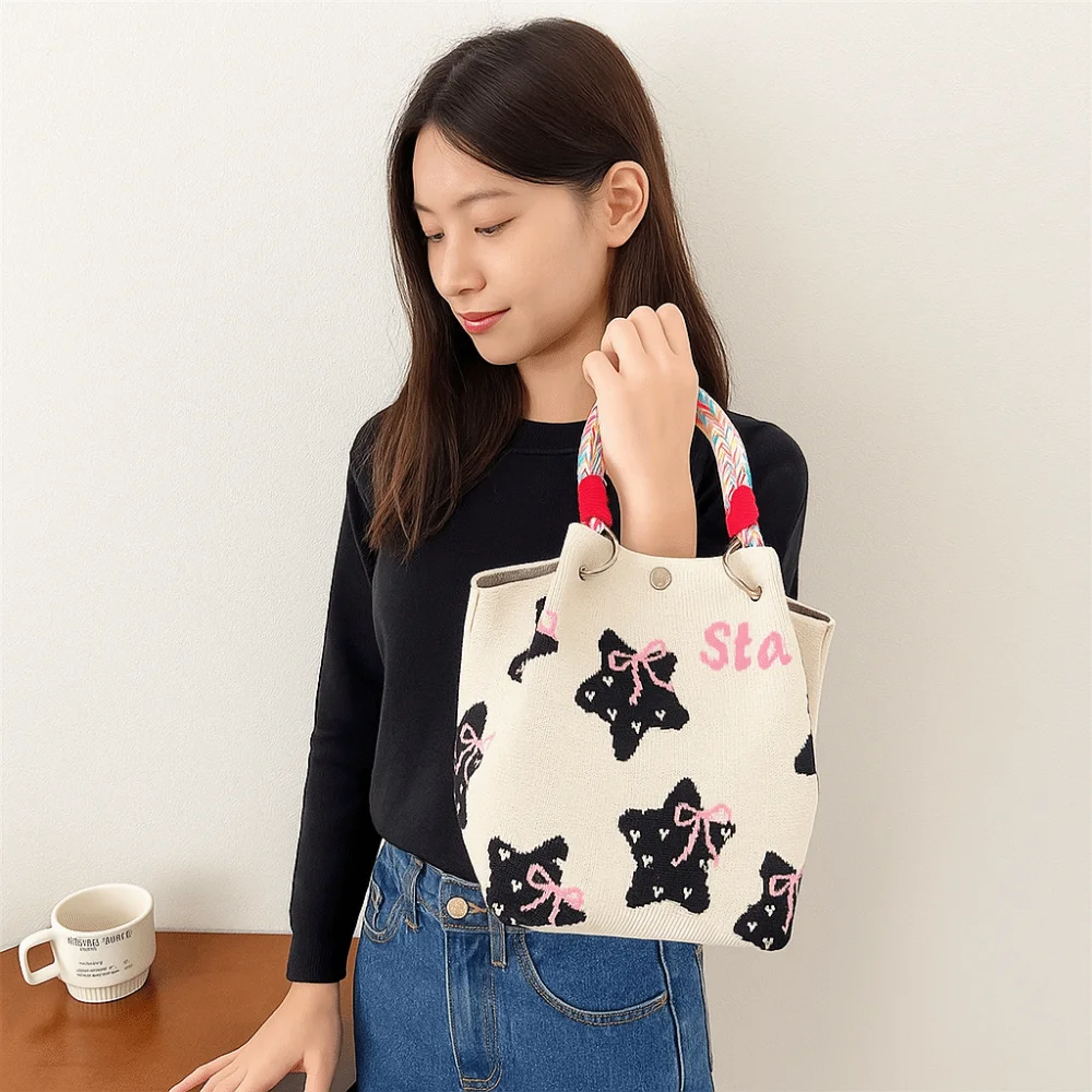 

Casual Cat Knitted Tote Bag Bear Bow Cartoon Knitted Handbag Printed Star Wool Bucket Bag Shopping Bags