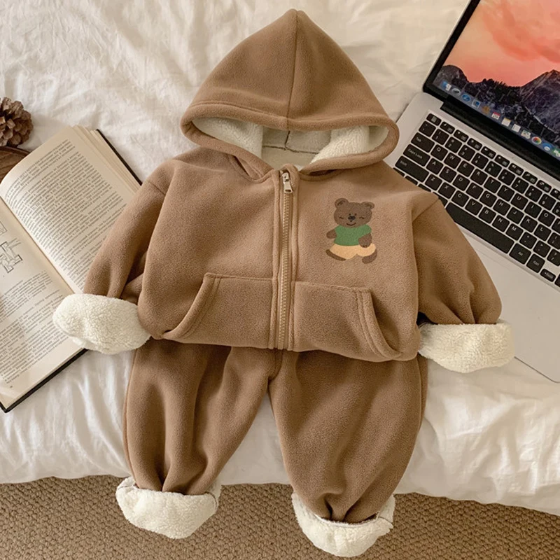 Autumn Winter Baby Girls Boys Clothing Set Lining Plush Cartoon Bear Hooded Jacket+Pants 2Pcs For 1-5Y Kids Thick Warm Outfits