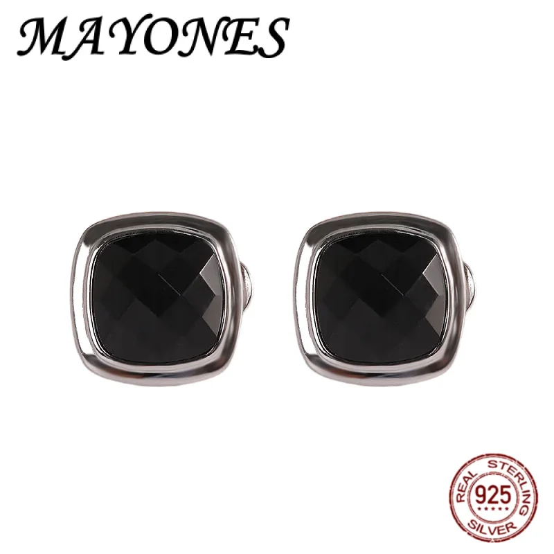 

NEW S925 Silver Fashionable Cut Black Agate Temperament Square Earrings For Women Simple And Generous Earrings
