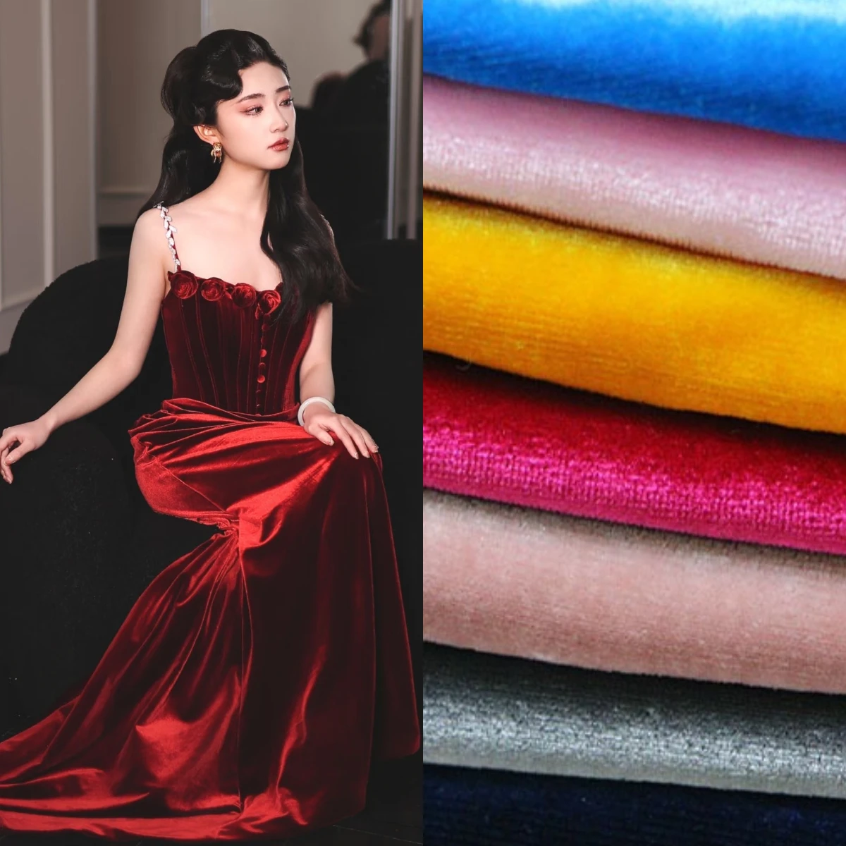 

Multicolor Premium Korean Gold Velvet Fabric - Elastic for Formal Gowns, Wedding Decor, Curtains, Sofa Covers & DIY